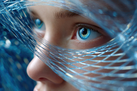 A young person stares intently through a delicate blue mesh, highlighting striking blue eyes and artistic expression.の写真素材