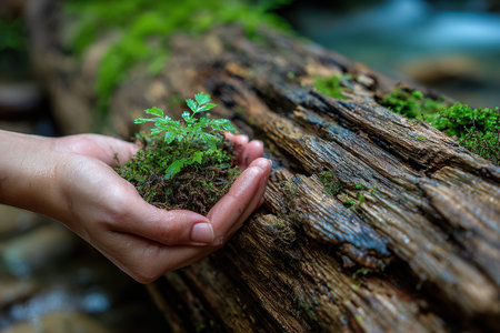 Hands gently hold a tiny plant nestled in moss atop a weathered log beside a serene forest stream.の写真素材