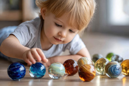 Young child examines and reaches for a row of vibrant marbles laid out on the floor, fully engaged in play.の写真素材