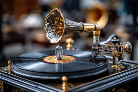 Ornate record player spins vinyl at an antique fair, engaging visitors with nostalgic melodies and history.の写真素材