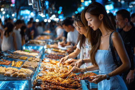 A woman selecting food from a street vendor at a night marketの写真素材