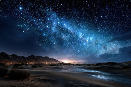 A desert landscape at night under a starry sky with a distant villageの写真素材