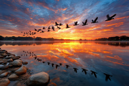 A flock of birds flies across the lake during a vibrant sunset, creating stunning reflections on the water.の写真素材