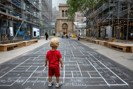 A young child in red clothing explores chalk drawings on the ground in a bustling city construction area.の写真素材
