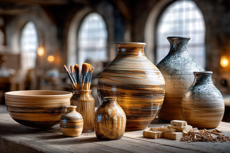 Various ceramic vases and a bowl displayed on a wooden table in a pottery workshopの写真素材