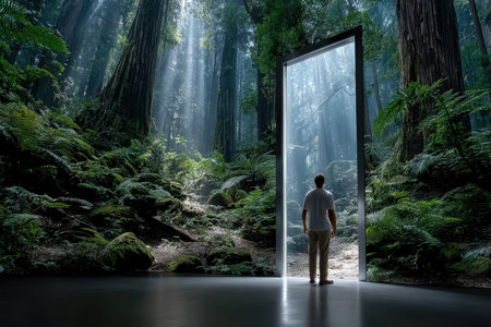 A man gazes at a bright door placed in a serene forest, surrounded by towering trees and vibrant ferns.の写真素材