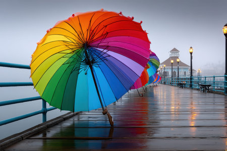 Vibrant, rainbow-colored umbrellas are placed along the wet pier during a foggy morning by the water.の写真素材