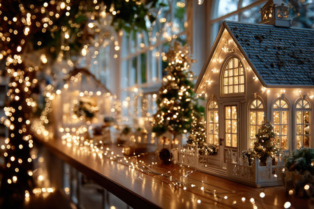 A miniature house decorated with Christmas lights sits on a wooden tableの写真素材