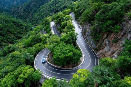 A winding mountain road cuts through a dense forestの写真素材