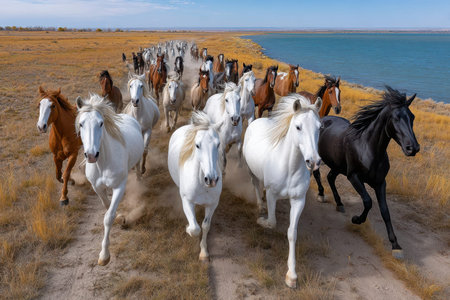 A herd of wild horses gallops along a dusty trail near a lakeの写真素材