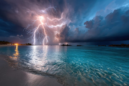 Lightning strikes the ocean near a tropical beach at nightの写真素材