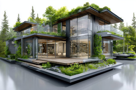 A modern house with glass walls, natural elements, and lush greenery by a peaceful waterway.の写真素材