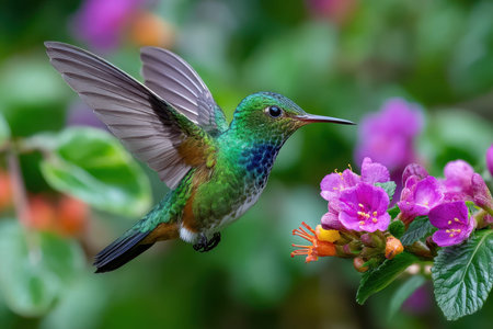 A hummingbird with iridescent green and orange feathers hovers near a cluster of purple flowersの写真素材