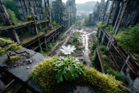 A single white flower grows on a mossy beam in the foreground, contrasting sharply with the blurred ruins of an industrial complex in the backgroundの写真素材