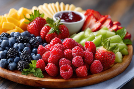 A wooden platter is filled with fresh, colorful fruit and a small bowl of dipの写真素材