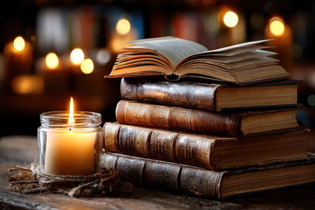 Stack of antique books and lit candle on wooden tableの写真素材