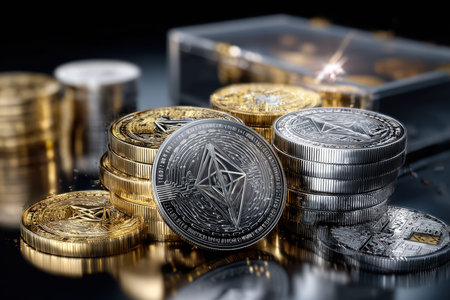 Close-up of shiny silver and gold coins on a reflective surface, highlighting their intricate designs.の写真素材