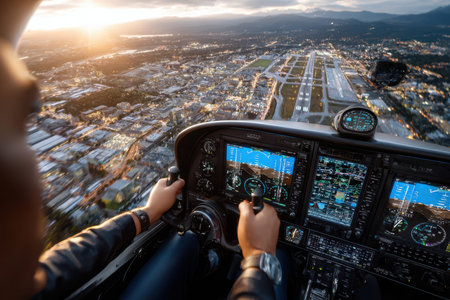 Pilot actively controls the aircraft as the sun sets, approaching a vibrant city airport runway below.の写真素材