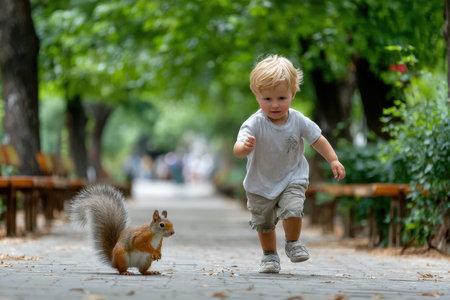 A young child chases a curious squirrel along a paved path in a vibrant park filled with greenery.の写真素材