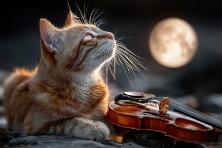 A relaxed orange cat lies next to a polished violin, gazing at the full moon in a calm night atmosphere.の写真素材