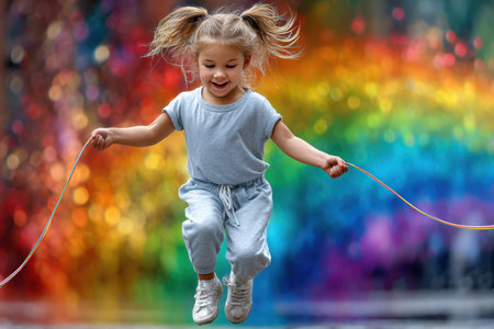 A cheerful young girl in gray clothes jumps rope with excitement, surrounded by a colorful rainbow backdrop.の写真素材