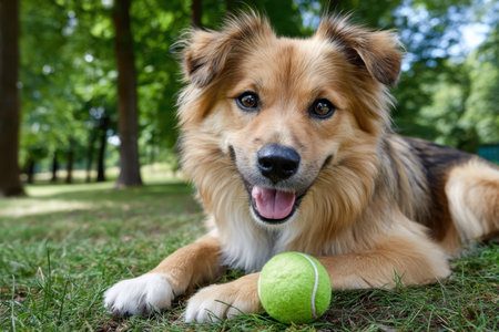 A happy dog lies in the grass with a tennis ballの写真素材