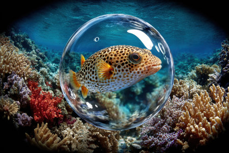A pufferfish inside a bubble floats above a colorful coral reefの写真素材
