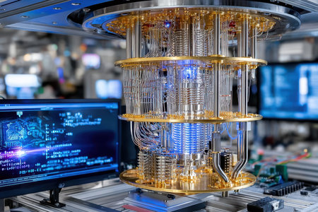 High-tech laboratory features a gold-plated quantum computer surrounded by screens displaying data.の写真素材