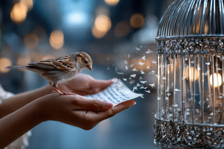 A small bird perches on hands, as butterflies flutter out from an ornate cage in a magical setting.の写真素材