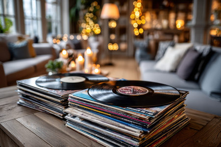 A stack of vintage vinyl records in a cozy living room, under soft lamp light, shot with a medium format camera, with a secret message hidden in the album coversの写真素材