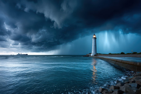 A lighthouse stands tall against a stormy sea and dark cloudsの写真素材