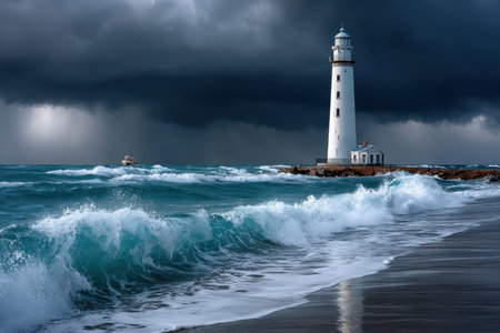 A white lighthouse stands on a rocky outcrop amidst a stormy sea, with dark clouds and crashing waves creating a dramatic and scenic viewの写真素材