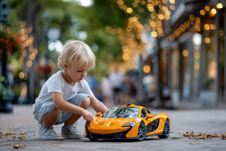 A child kneels on the sidewalk, focused on playing with a vibrant orange toy car amidst a bustling street.の写真素材