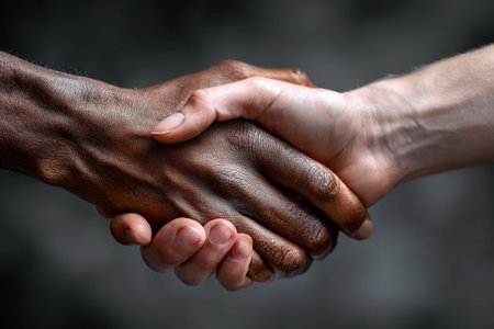 Two diverse hands shake firmly, symbolizing connection and cooperation in an effort toward unity.の写真素材