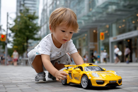 A boy crouches on the pavement, focused on pushing a bright yellow toy car along a bustling city street.の写真素材