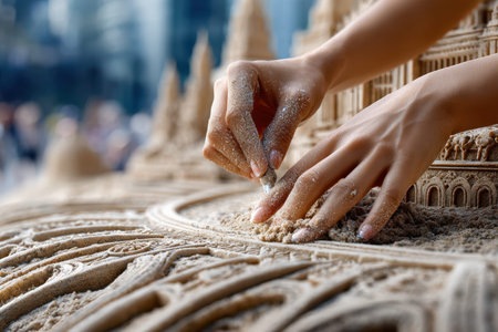 A skilled sand artist creates a stunning sandcastle, showcasing detailed architecture in a busy city backdrop.の写真素材