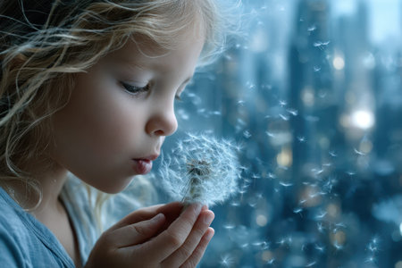 Young girl gently blows on a dandelion puff, sending seeds into the evening air against a city backdrop.の写真素材