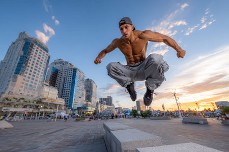A muscular man jumps over a low wall in a city park at sunsetの写真素材
