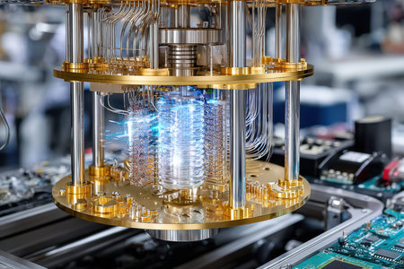 A detailed view of a quantum computer's core emitting blue light, surrounded by complex wiring in a lab environment.の写真素材