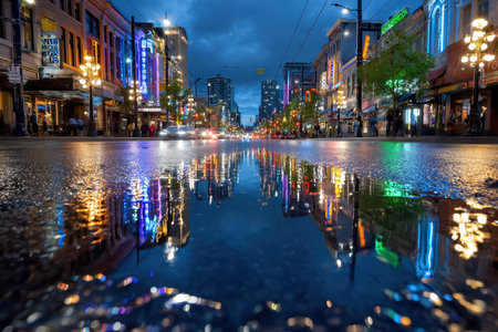 A city street at night is reflected in a puddle on the sidewalkの写真素材