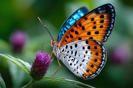 A brightly colored butterfly rests on a purple flowerの写真素材