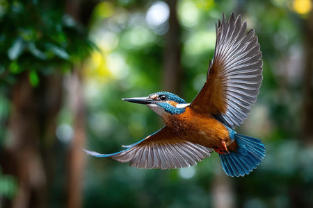 A colorful kingfisher soars through a lush, green forestの写真素材
