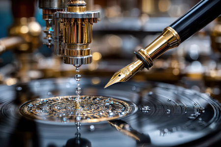 A close-up view of a fountain pen hovering over a vinyl record, capturing water droplets.の写真素材