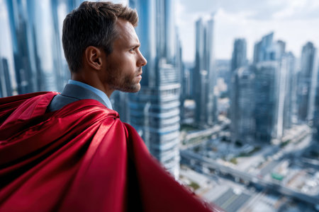 A confident figure in a red cape stands on a rooftop, overlooking a bustling city skyline during sunset.の写真素材