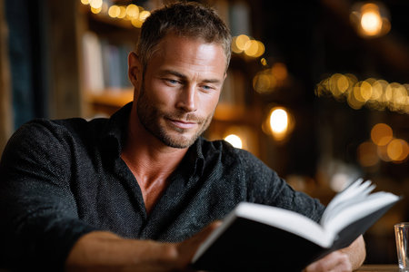 A man reading a book in a cozy, rustic library, under warm, ambient light, shot with a telephoto lens, the book is blank, ultrarealistic photoの素材