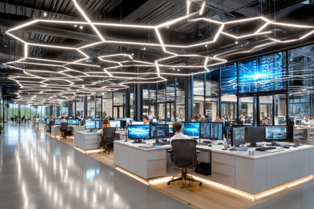 People work at computers in a modern office with unique lightingの写真素材