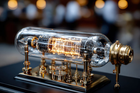 Intricate steampunk-inspired electrical device featuring glass tubes and metal components showcased indoors.の写真素材