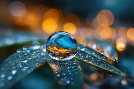 A water droplet reflects a flower on a leaf with bokeh lightsの写真素材