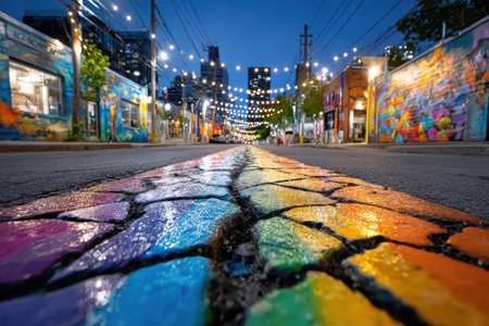 A rainbow crosswalk stretches down a city street at twilightの写真素材