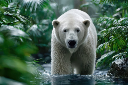 A polar bear moves gracefully through lush green plants beside a serene water area, showing nature's beauty.の写真素材
